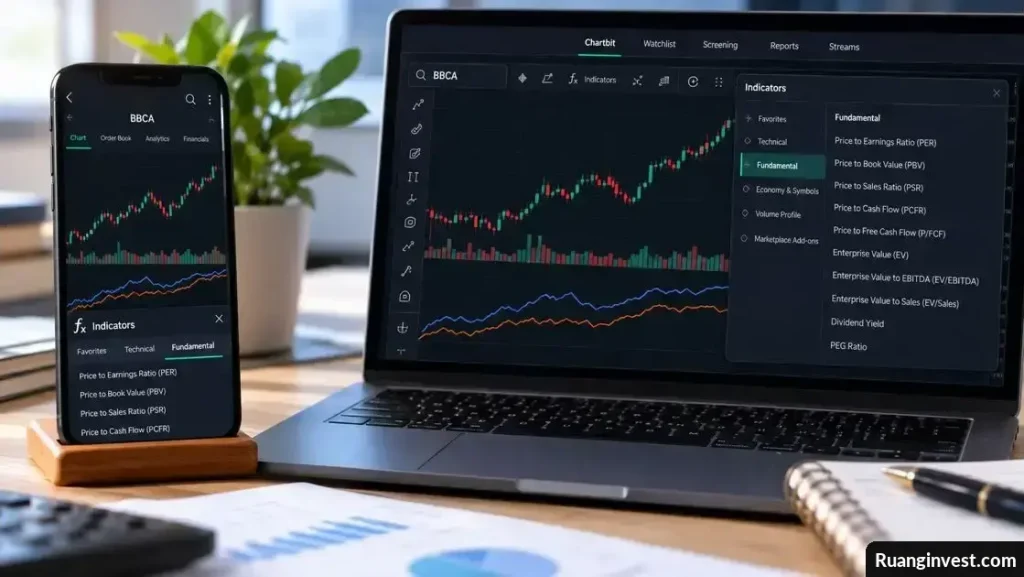Laptop dan ponsel menampilkan grafik saham, indikator fundamental, dan garis perbandingan harga.