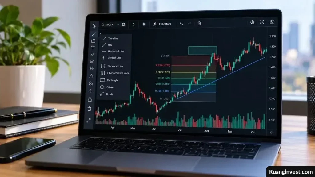 Laptop menampilkan grafik candlestick dengan trendline dan level Fibonacci pada platform analisis saham.
