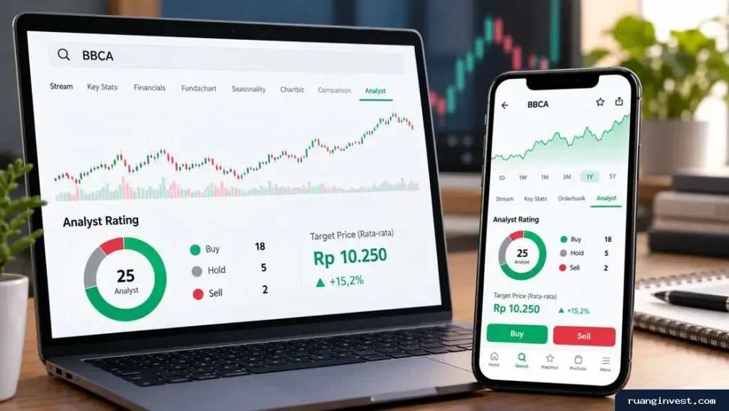 Laptop dan ponsel menampilkan grafik saham serta ringkasan rekomendasi analis.