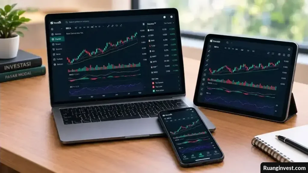 Laptop, tablet, dan ponsel menampilkan grafik saham serta indikator analisis Chartbit.