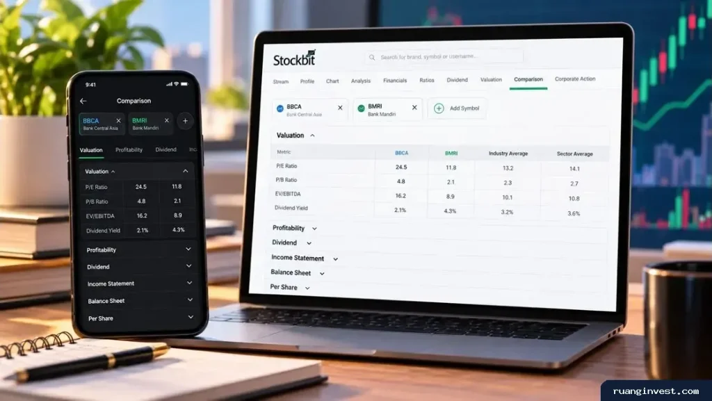 Laptop dan ponsel menampilkan perbandingan metrik keuangan dua saham di Stockbit.