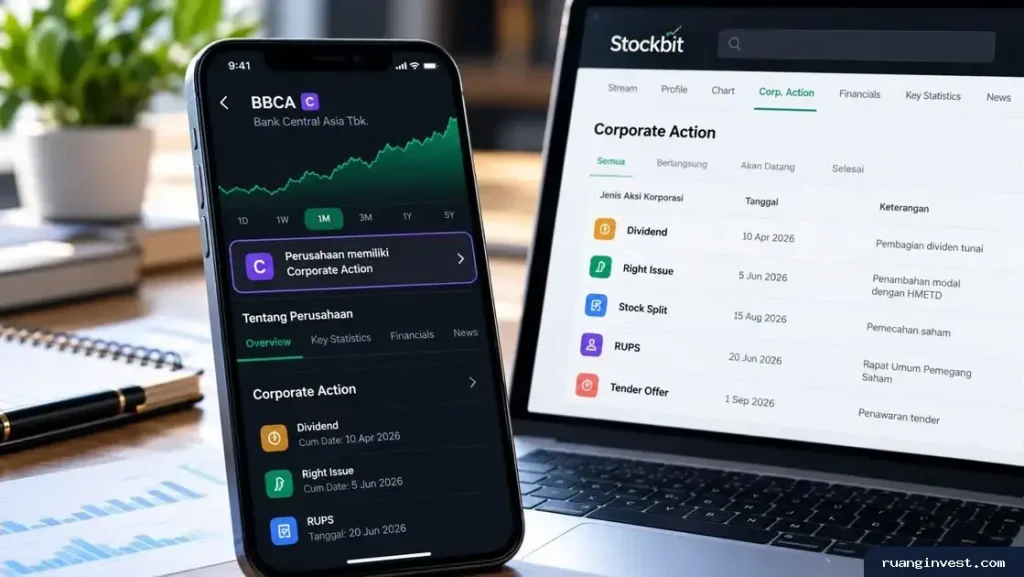 Laptop dan ponsel menampilkan fitur Corporate Action untuk memantau agenda emiten di Stockbit.