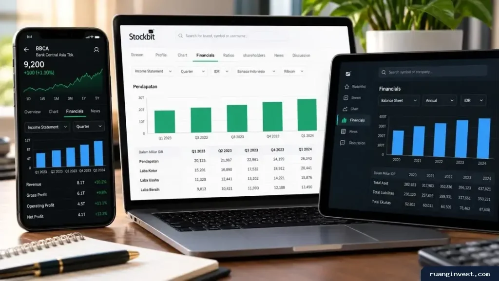 Tampilan laporan keuangan emiten dan grafik pertumbuhan pada perangkat dengan fitur Financials Stockbit.