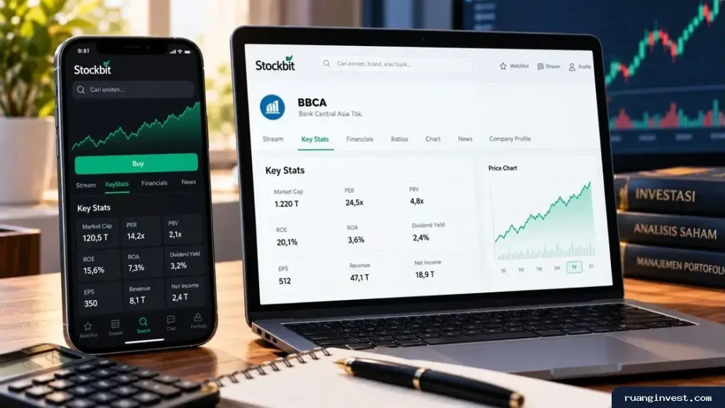 Tampilan fitur Key Stats Stockbit pada laptop dan ponsel dengan rasio fundamental, data EPS, pendapatan, laba bersih, dan grafik saham.