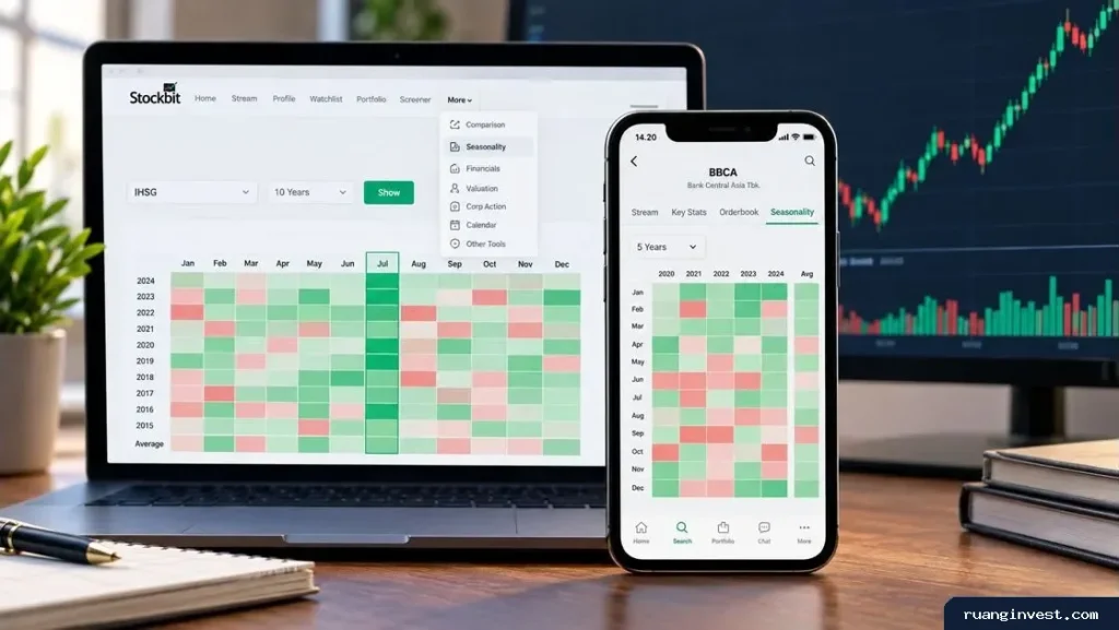 Laptop dan ponsel menampilkan tabel analisis Seasonality saham serta IHSG dengan pola performa bulanan.