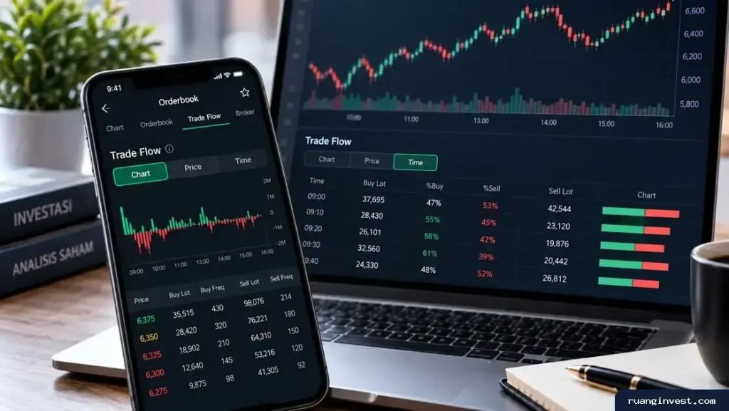Layar laptop dan ponsel menampilkan grafik saham, orderbook, serta data transaksi beli dan jual.