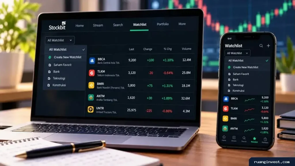 Laptop dan ponsel menampilkan daftar saham dalam fitur Watchlist Stockbit.