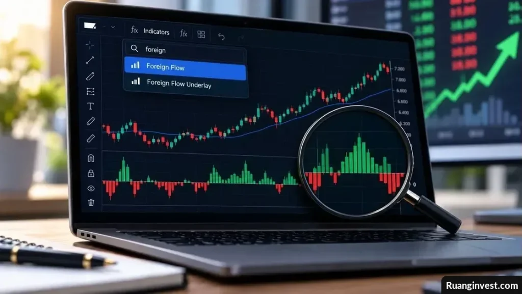 Layar analisis saham dengan grafik candlestick dan indikator aliran dana asing berwarna hijau dan merah.