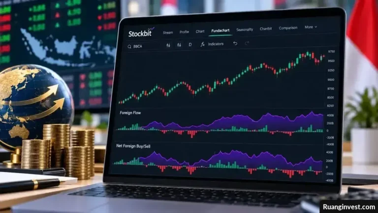 Laptop menampilkan grafik Foreign Flow dan Net Foreign Buy/Sell untuk analisis dana asing di pasar saham.