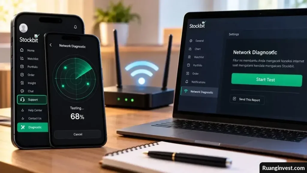 Ilustrasi pemeriksaan koneksi Stockbit melalui ponsel dan laptop dengan bantuan router Wi-Fi.