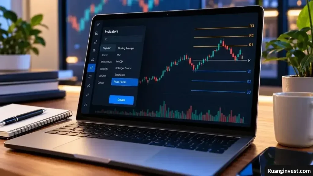 Laptop menampilkan grafik saham dengan garis Pivot Points untuk level support dan resistance.