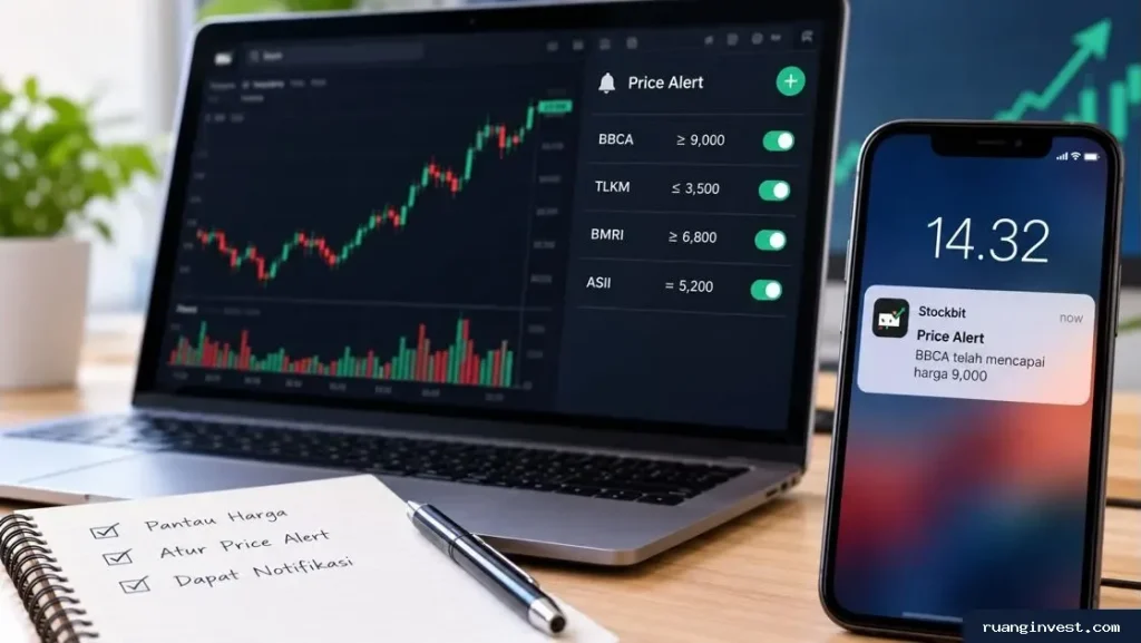 Laptop menampilkan grafik saham dan pengaturan Price Alert, sementara ponsel menunjukkan notifikasi harga saham.