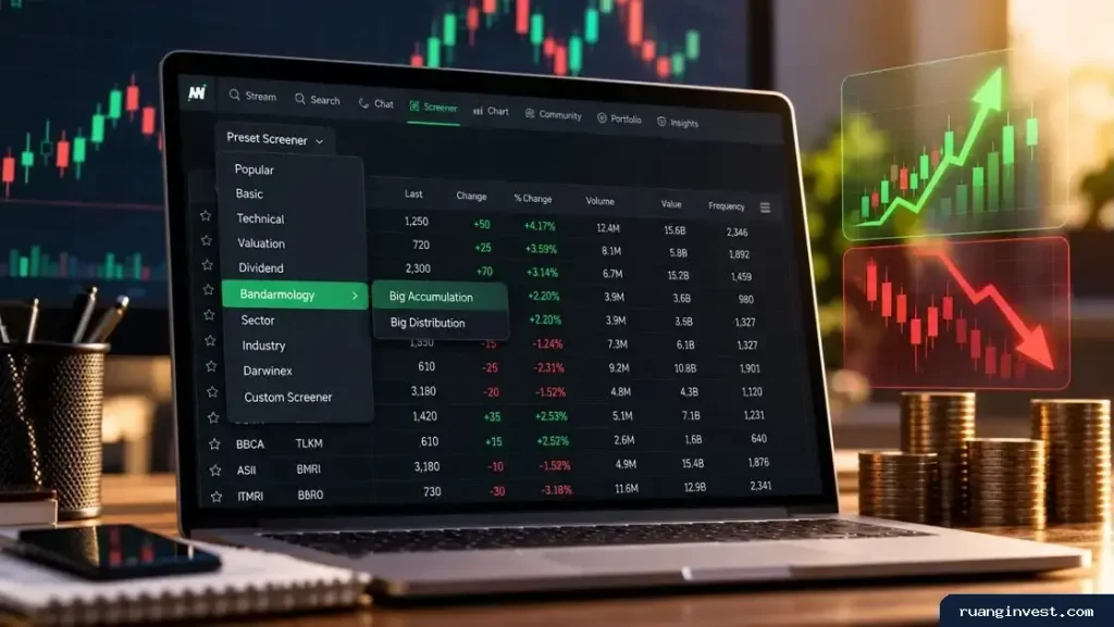 Laptop menampilkan penyaring saham dengan pilihan Bandarmology, Big Accumulation, dan Big Distribution serta grafik pergerakan harga.
