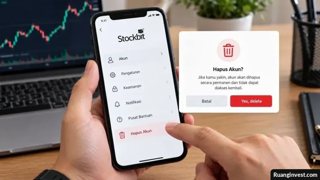 Ilustrasi pengguna menghapus akun Stockbit melalui aplikasi investasi di ponsel.