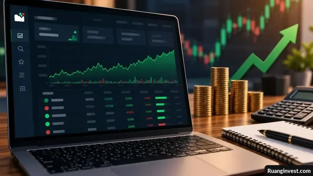Laptop menampilkan grafik performa portofolio saham dengan tumpukan koin dan kalkulator di meja.