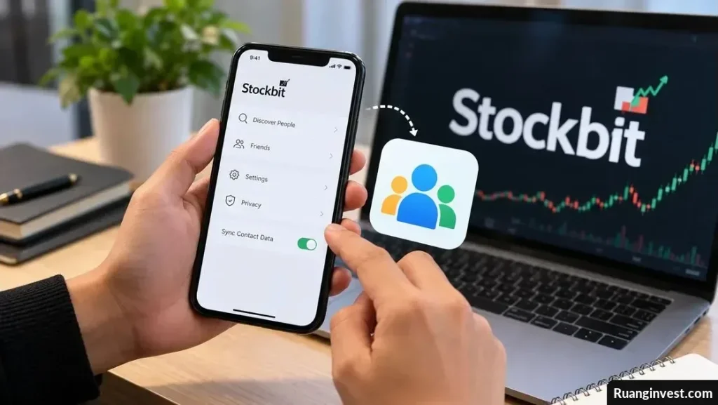 Ilustrasi pengguna mengatur sinkronisasi kontak Stockbit melalui ponsel di depan laptop dengan grafik saham.