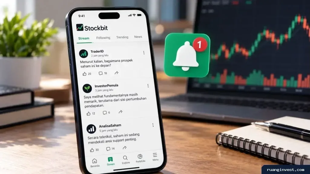 Ponsel menampilkan diskusi investor di Stockbit dengan simbol notifikasi pembaruan.