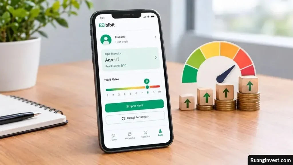 Ponsel menampilkan profil risiko investor di aplikasi Bibit dengan pengukur risiko dan tumpukan koin.