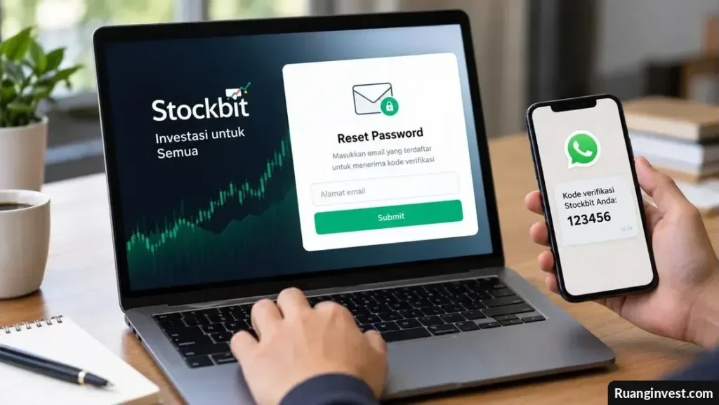 Laptop menampilkan halaman pemulihan akun Stockbit dengan ponsel untuk verifikasi keamanan melalui WhatsApp.