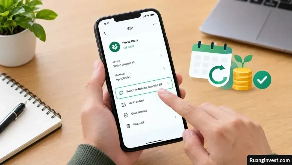 Tangan mengoperasikan menu SIP pada ponsel dengan ilustrasi kalender dan koin investasi otomatis.