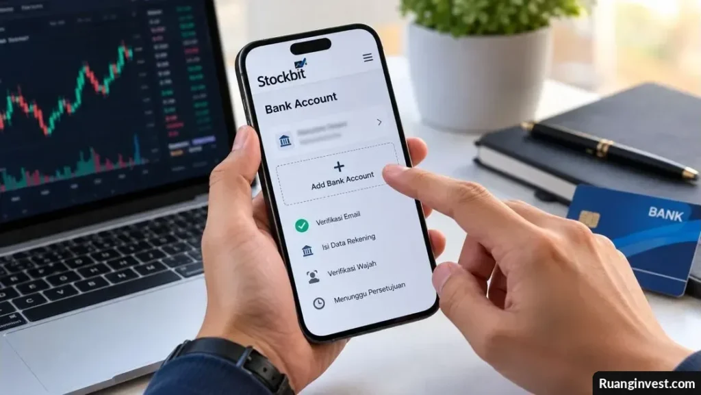Ilustrasi aplikasi investasi dengan formulir rekening bank dan proses pencairan dana saham.