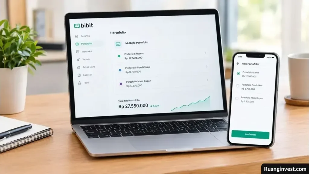 Laptop menampilkan daftar beberapa portofolio investasi Bibit dan ponsel dengan menu pemilihan portofolio.