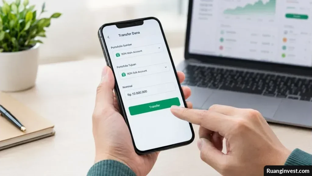 Seseorang mengoperasikan fitur transfer dana portofolio investasi melalui ponsel di meja kerja dengan laptop.