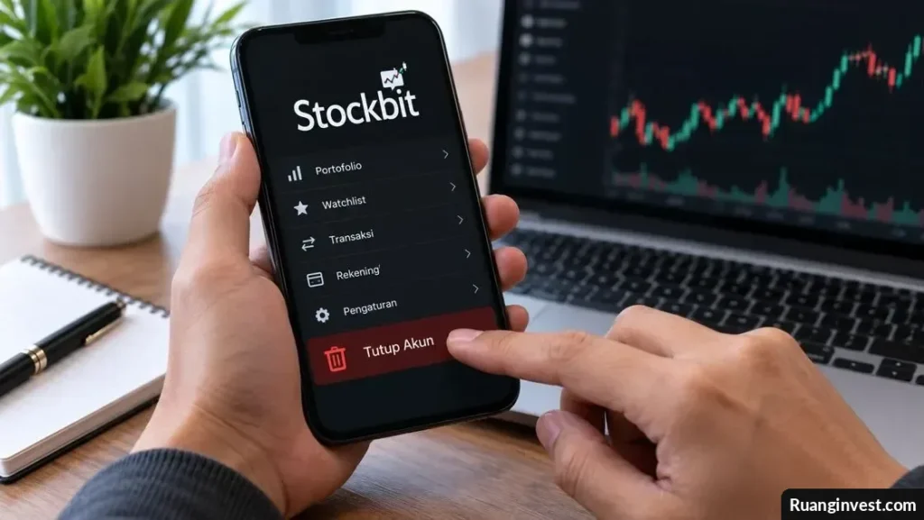 Ilustrasi seseorang mengurus penutupan akun investasi Stockbit melalui laptop dan dokumen rekening efek.