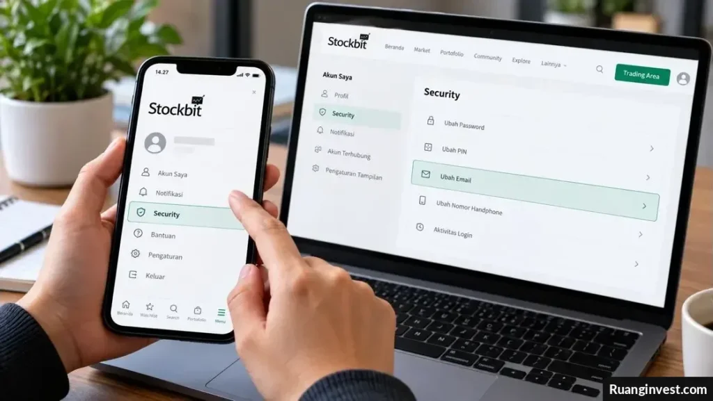 Ilustrasi pengguna mengubah alamat email akun investasi Stockbit melalui perangkat digital.