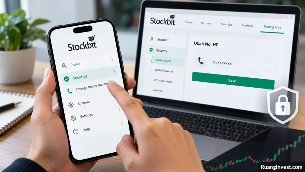 Ilustrasi pengguna mengganti nomor HP akun investasi Stockbit melalui ponsel dengan tampilan verifikasi keamanan.