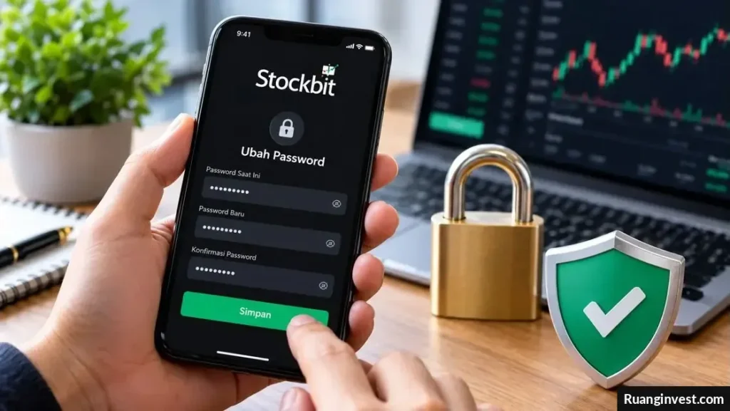 Ilustrasi pengguna mengamankan akun investasi Stockbit melalui ponsel dengan proses penggantian kata sandi.