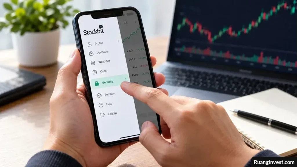 Ilustrasi pengguna mengamankan akun trading Stockbit melalui smartphone dengan fitur PIN.