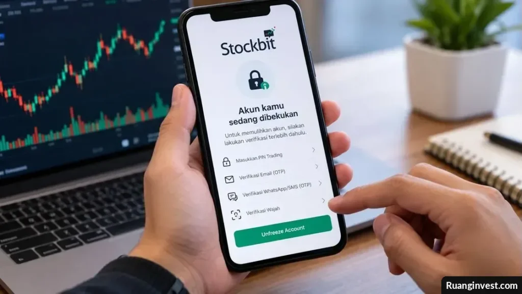 Ilustrasi pengguna memulihkan akun Stockbit melalui aplikasi ponsel dengan proses verifikasi keamanan.