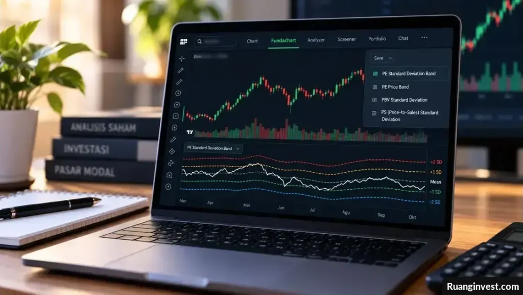 Laptop menampilkan grafik saham dan garis valuasi PE Standard Deviation Band pada fitur Fundachart.