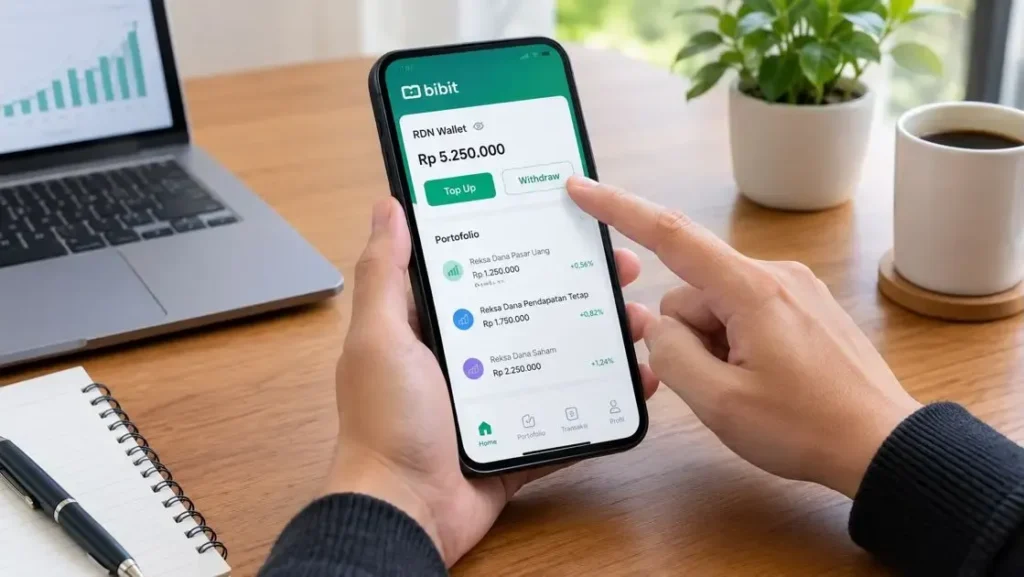 Seseorang membuka aplikasi Bibit di ponsel dan memilih fitur Withdraw pada halaman RDN Wallet dengan beberapa portofolio investasi.
