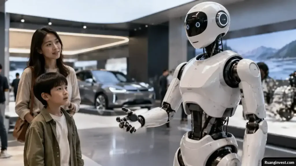 Robot humanoid AiMOGA berdiri di ruang pengalaman teknologi dengan pengunjung di latar belakang.