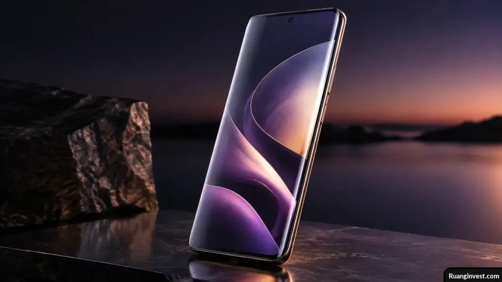 Ponsel pintar berlayar quad-curved dengan bingkai logam melengkung di studio gelap.
