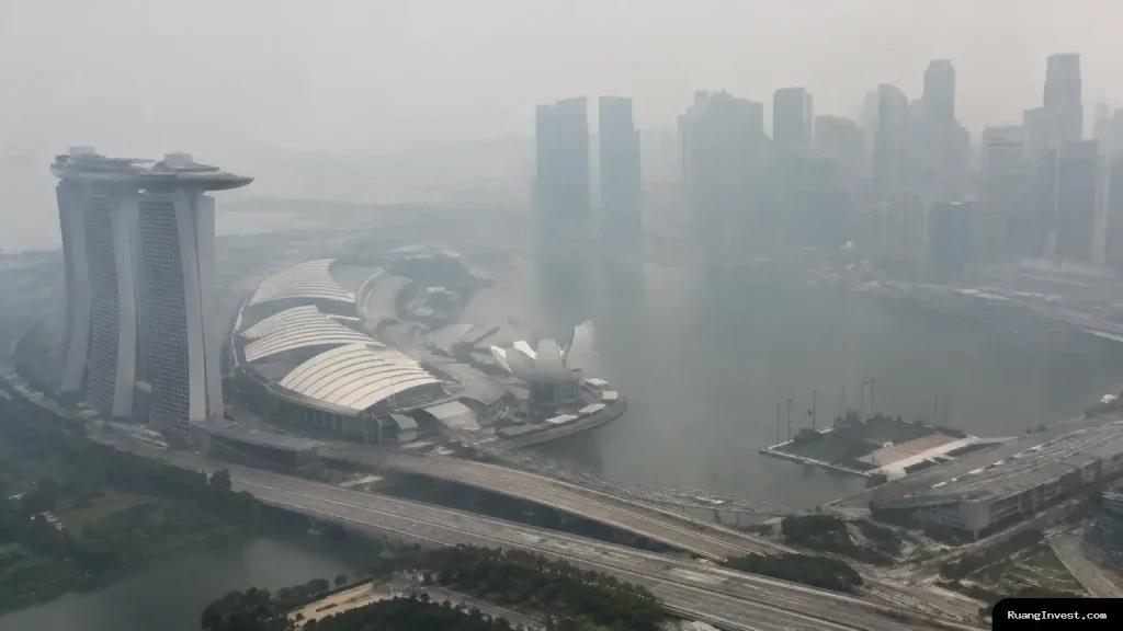 Kabut asap menyelimuti gedung-gedung di kawasan Marina Bay, Singapura.