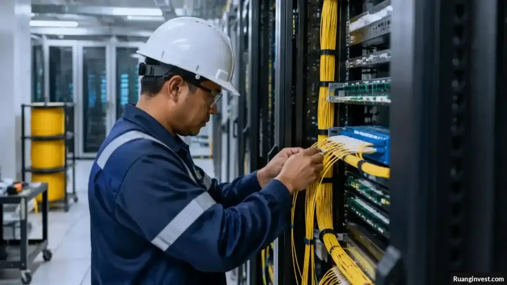 Teknisi memeriksa kabel fiber optik di ruang jaringan pusat data