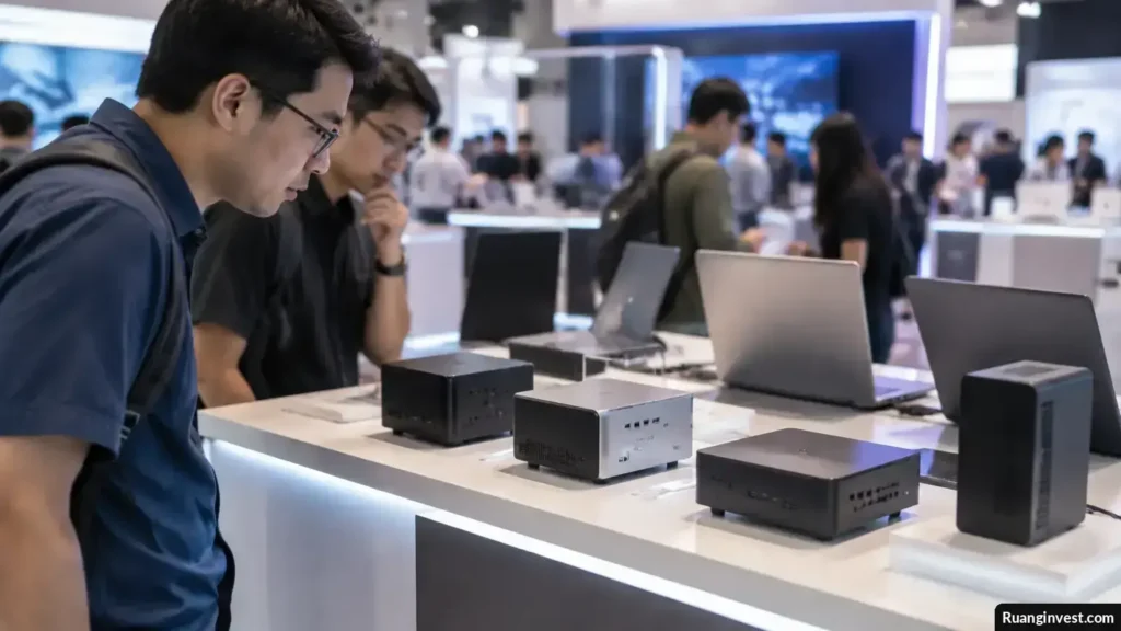 Mini PC kompak dan laptop tipis dipajang di stan pameran teknologi.