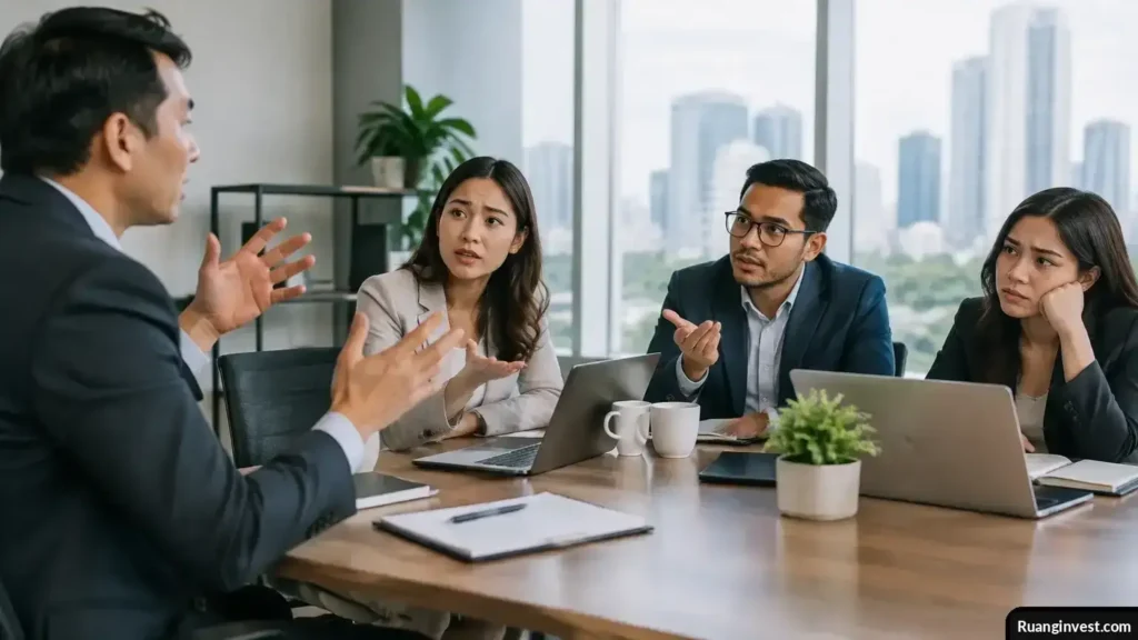 Seorang pria berbicara sementara rekan-rekannya menunggu giliran menanggapi dalam diskusi kantor.