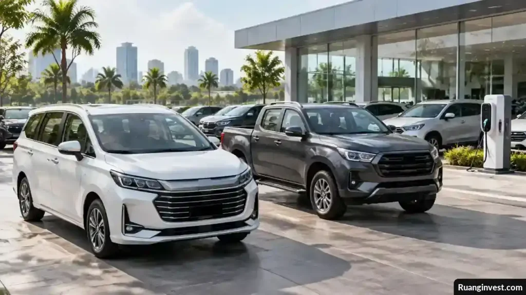 MPV dan pikap tanpa logo di area dealer otomotif Asia Tenggara