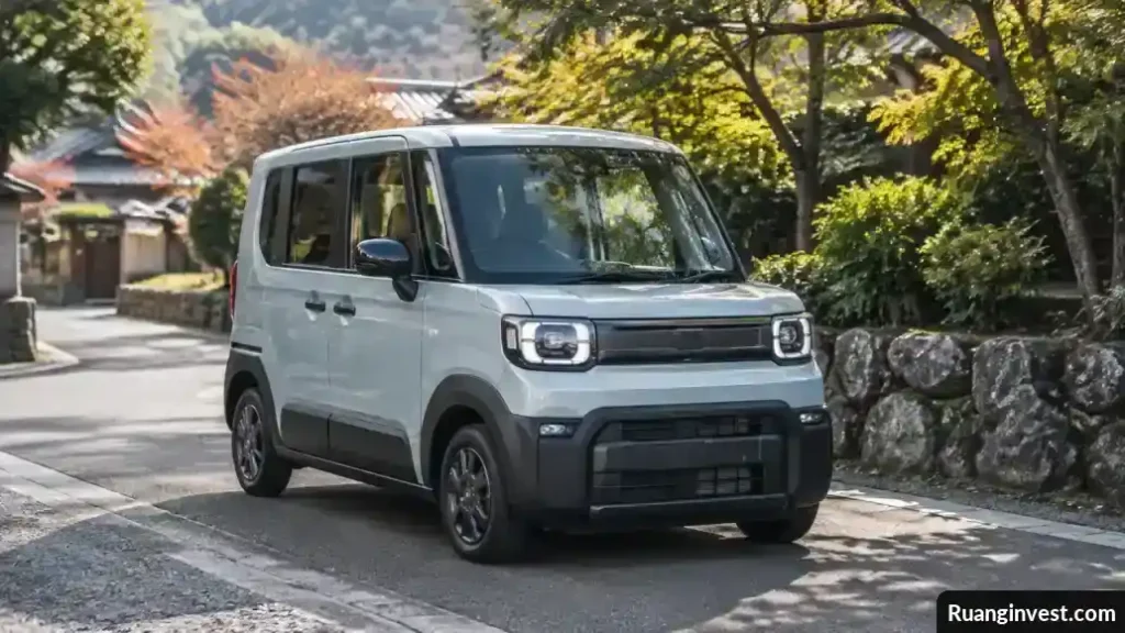 Mobil listrik mungil berbentuk kotak dengan pelindung bodi bergaya petualang