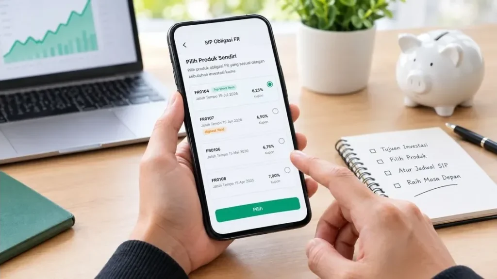 Tangan memilih produk obligasi FR melalui aplikasi investasi di ponsel dengan laptop dan perlengkapan keuangan di atas meja.