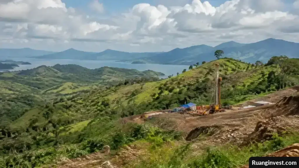 Rig pengeboran kecil berada di kawasan perbukitan hijau Sumbawa.