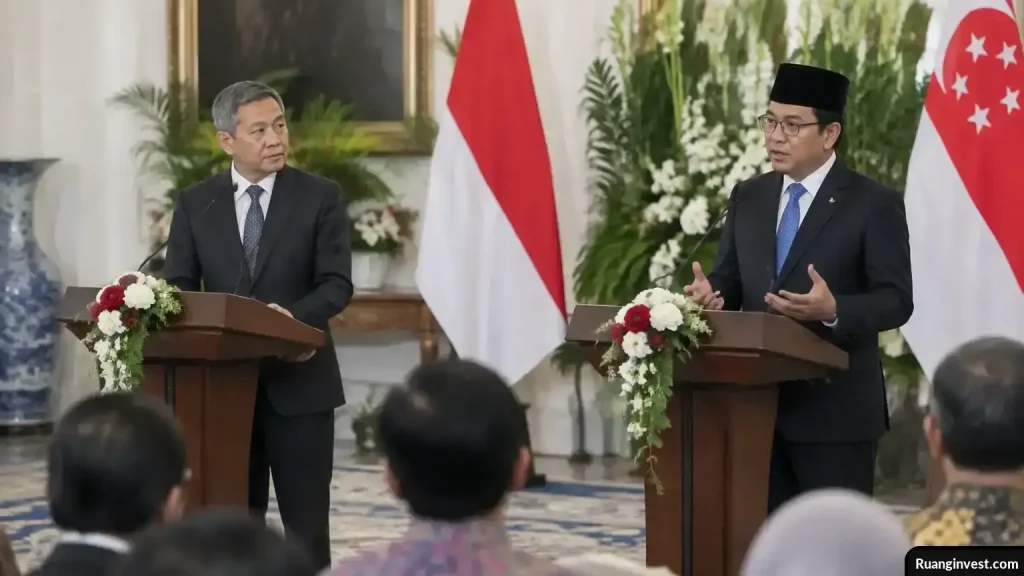 Arrmanatha Nasir dan Vivian Balakrishnan berdiri bersama saat konferensi pers di Gedung Pancasila, Jakarta.