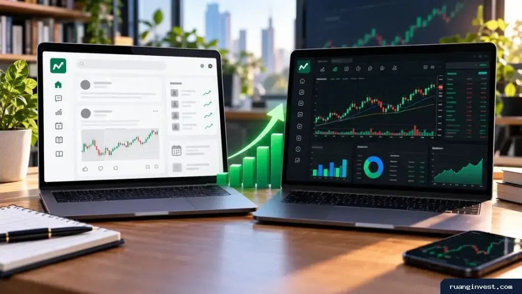 Dua laptop menampilkan antarmuka komunitas saham dan dasbor analisis investasi