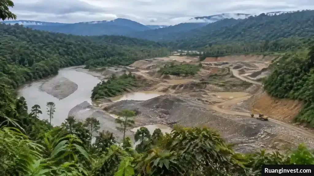 Area tanah terbuka dan sungai di tengah kawasan berhutan di sekitar tambang emas Makimi, Nabire.