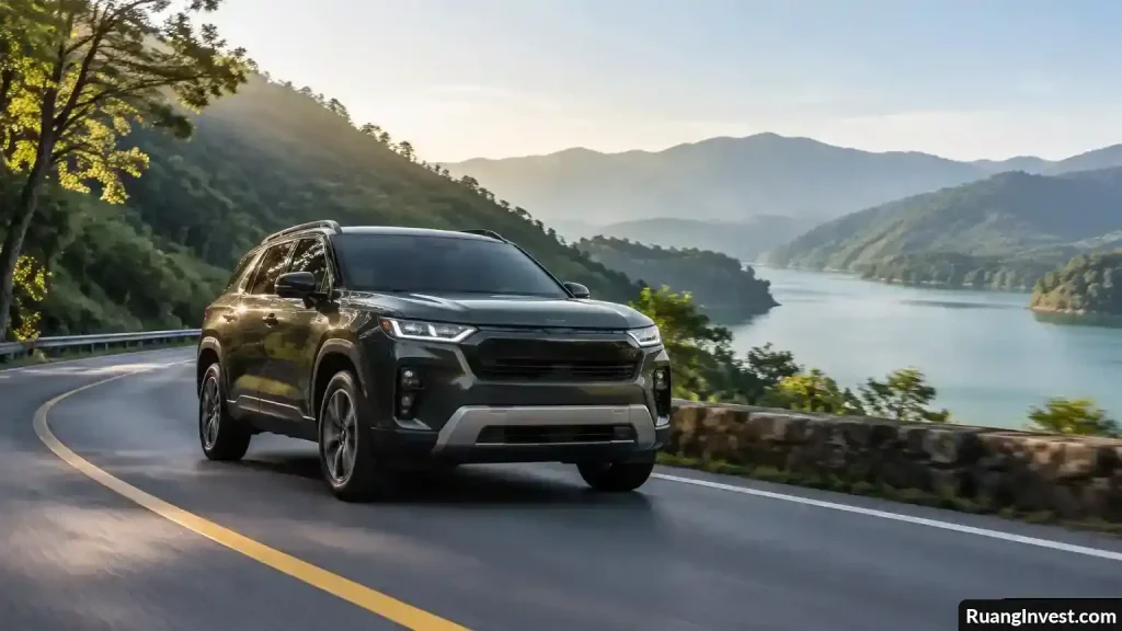 SUV modern melaju di jalan berkelok dengan pepohonan dan perbukitan di sekitarnya