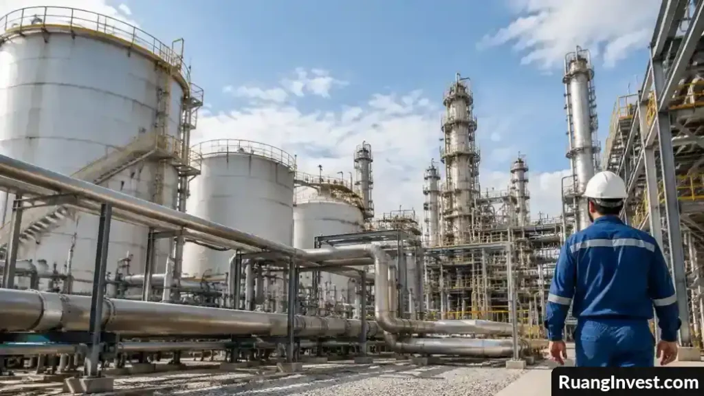 Fasilitas industri energi dengan pipa, tangki, dan teknisi berhelm keselamatan